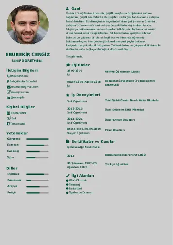 Sınıf Öğretmeni Cv Örnekleri cv indir